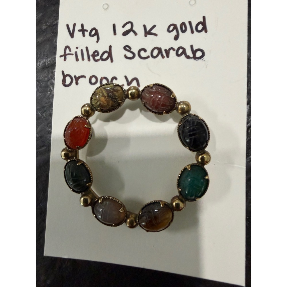 Vintage 12K Gold Filled Scarab Circle Brooch Multi Color Gemstone Wreath Pin